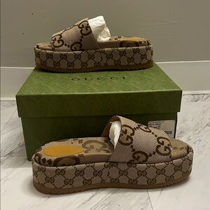 Gucci Women's Monogram Beige Platform Sandals